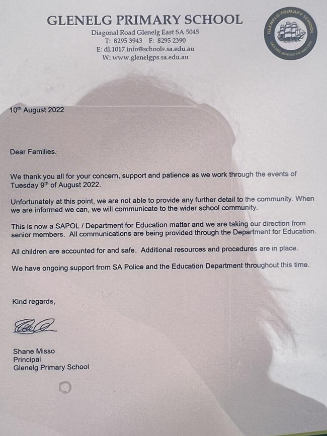 Glenelg Primary School’s letter to parents after the attempted abduction.