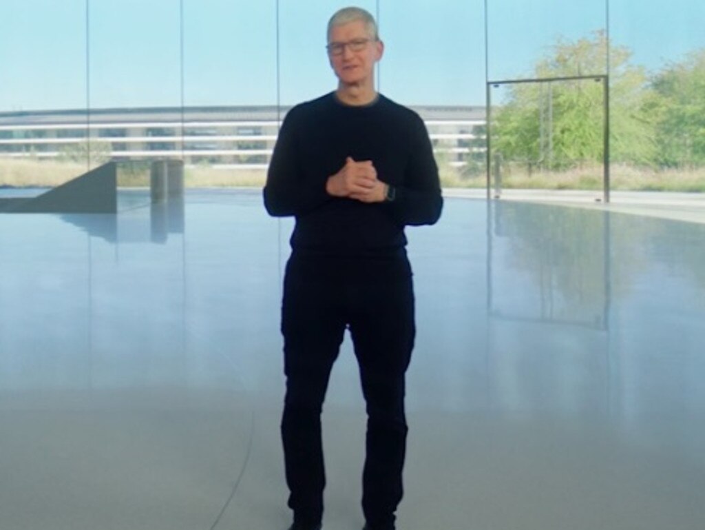 Apple chief Tim Cook unveiled four 5G-friendly iPhone 12 models. Picture: Apple