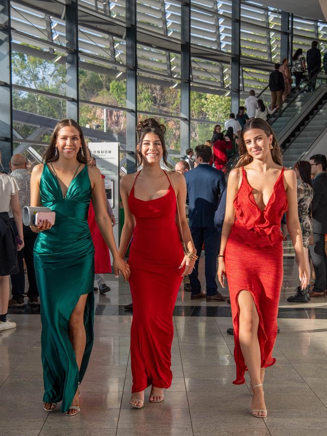 Chloe Lew Fatt, Aaliyah Lew Fatt and Georgia Cleanthous at the Year 12 School formals of Darwin High School at Darwin Convention Centre, Darwin. Picture: Pema Tamang Pakhrin.