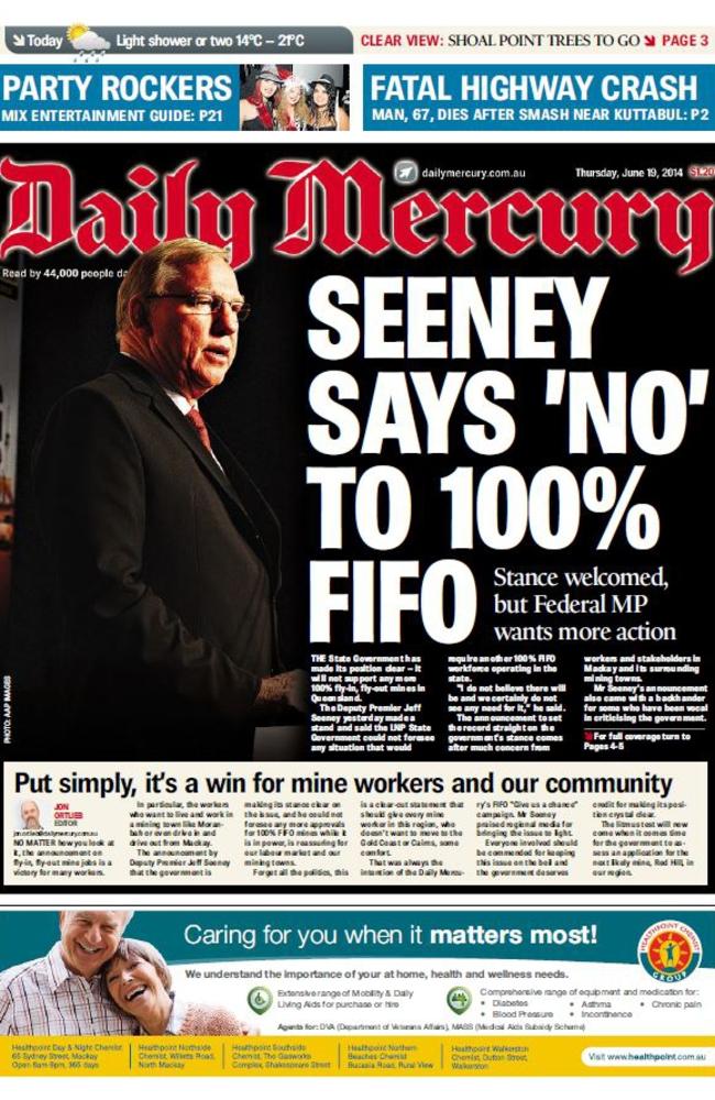 Daily Mercury front page announcing the Queensland Government will no longer support 100% FIFO.