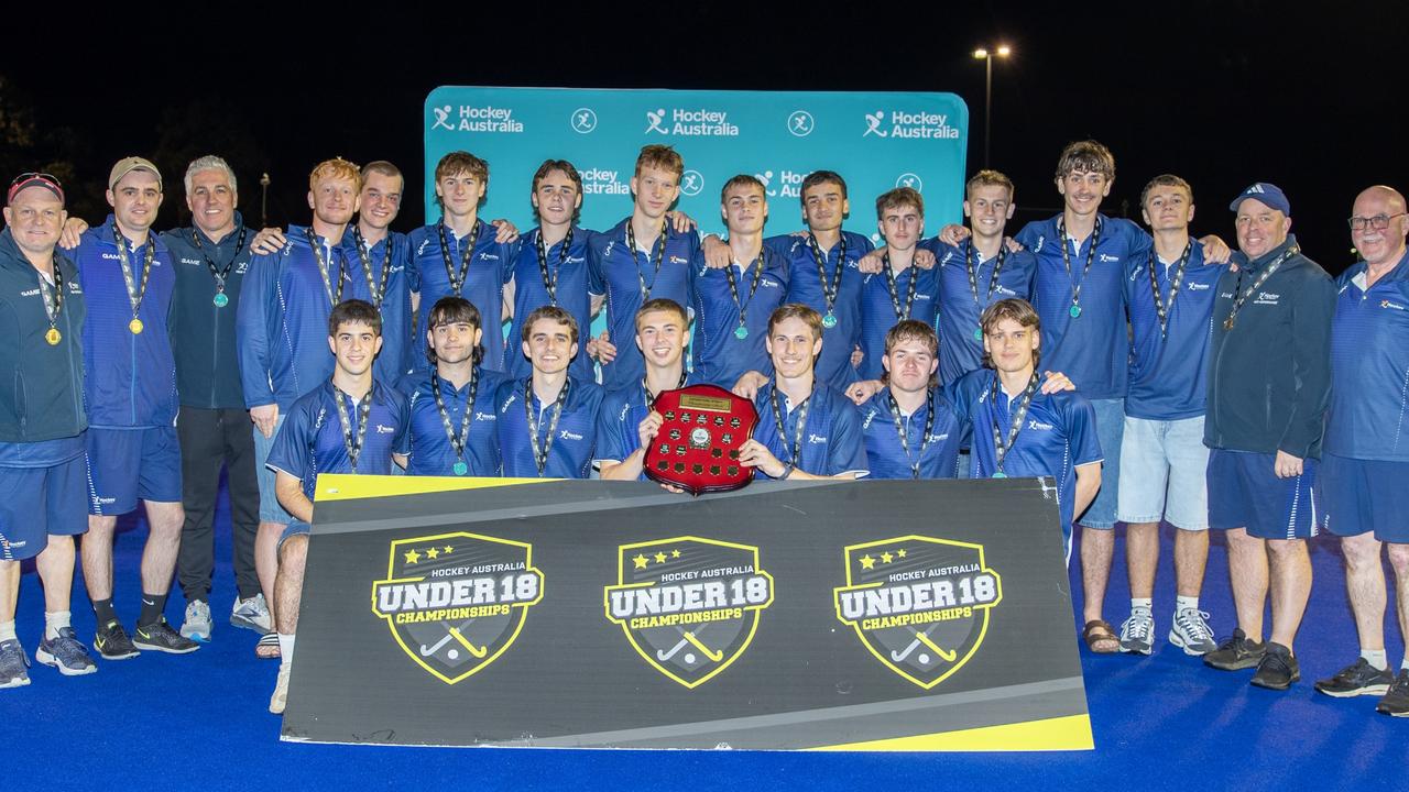 Victoria State boy's celebrate their win at the 2024 under-18 national hockey championships on the Gold Coast. Picture: Click InFocus.