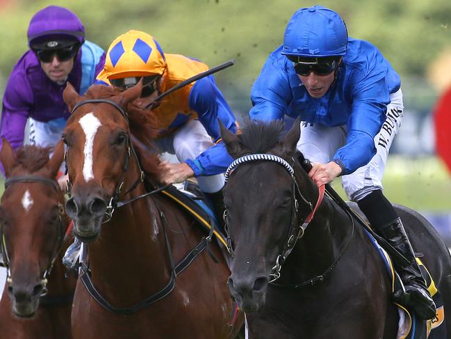 Spectroscope ridden by William Buick (right) wins the Schweppes Handicap race during Ladies Day at Rosehill Racecourse in Sydney, Saturday, March 11, 2017. (AAP Image/David Moir) NO ARCHIVING, EDITORIAL USE ONLY