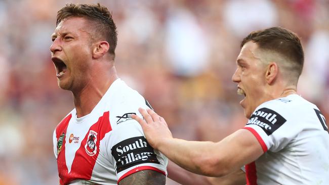 Tariq Sims celebrates a try for the Dragons. Picture: Getty Images