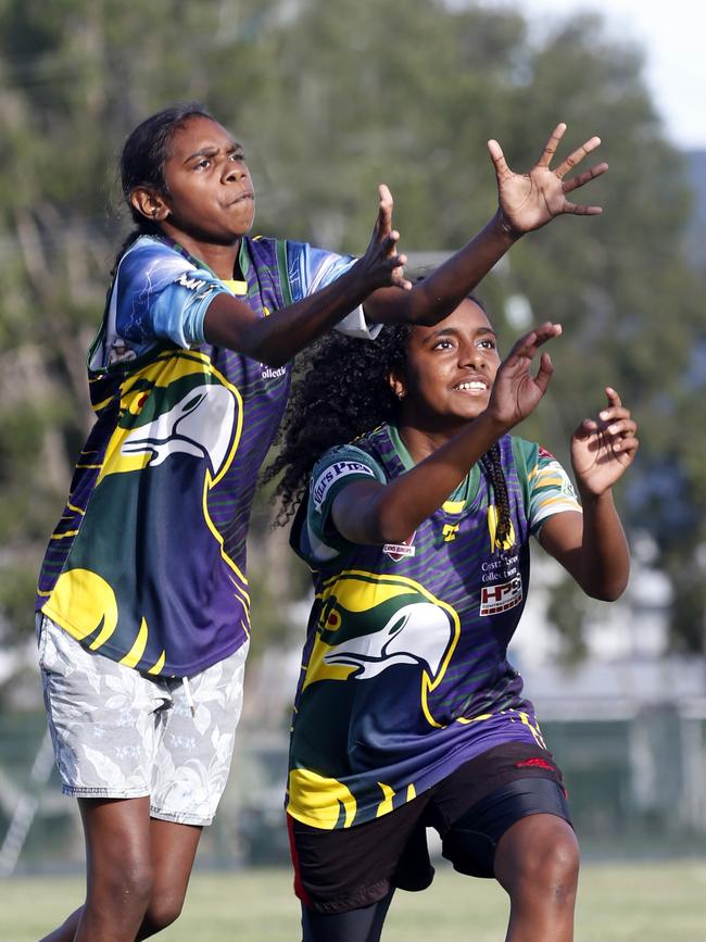 Cape York Eagles Kristal Harold and Satrina Mooka during training. PICTURE: ANNA ROGERS.