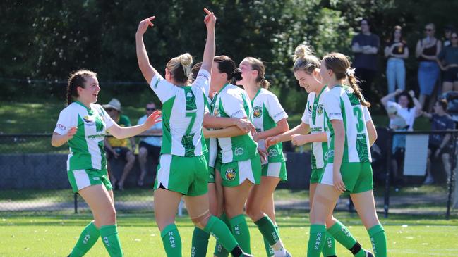 The East Gosford Rams celebrating a goal during the team's 3-2 win over Terrigal United in the 2023 Central Coast Women's Premier League grand final.