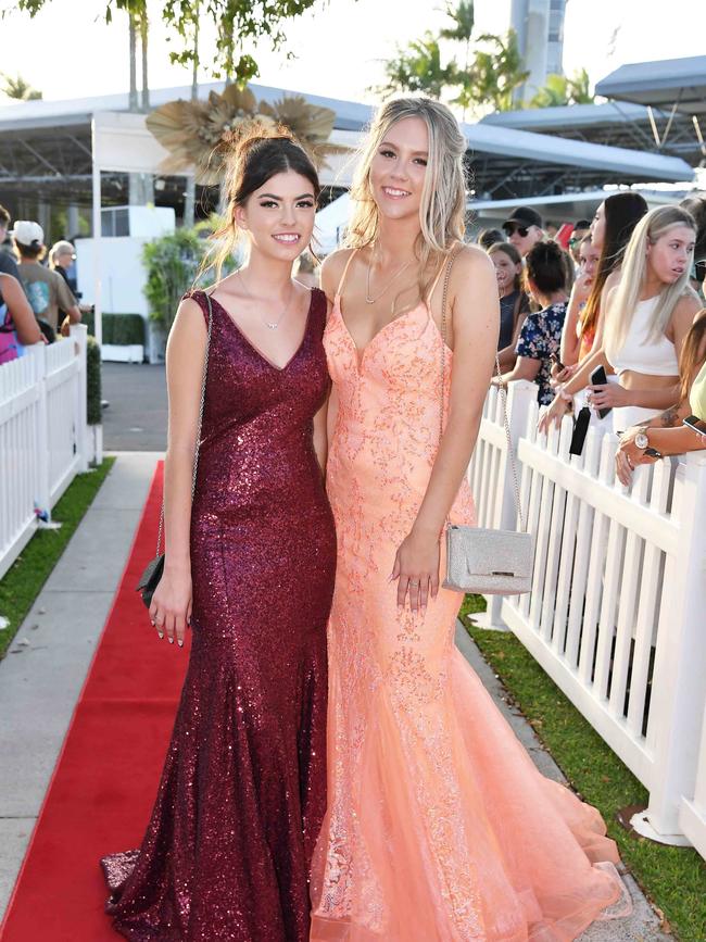 Shelbey Halligan and Lilly Dittmann at the 2023 Caloundra State High School Year 12 formal. Picture: Patrick Woods.