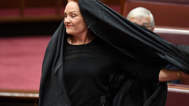 Pauline Hanson wears a burka into parliament. Picture: AAP