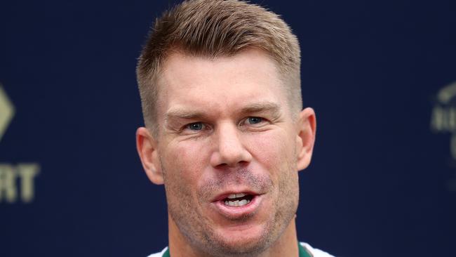 MELBOURNE, AUSTRALIA - FEBRUARY 11: AB Medallist David Warner speaks to media during a Cricket Australia media opportunity at The Olson on February 11, 2020 in Melbourne, Australia. (Photo by Kelly Defina/Getty Images)