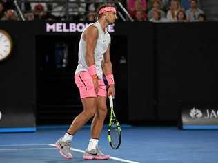 Rafael Nadal before injury forced him out of his quarter-final clash against Marin Cilic. Picture: LUKAS COCH