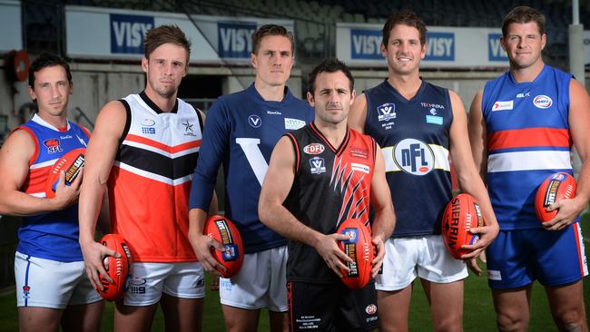 A new football competition that will pit Melbourne's best amateur players off against each other will be contested for the first time this year. The city centric competition is based on country football championships where the state's best lock horns for bragging rights. (L-R) Peter Mercoulia (SFL), Matt Cravino (EDFL), Chris Waller (VAFA), Justin Van Unen (EFL), Ryan Jackson (NFL) and Jason Cloke (WRFL).