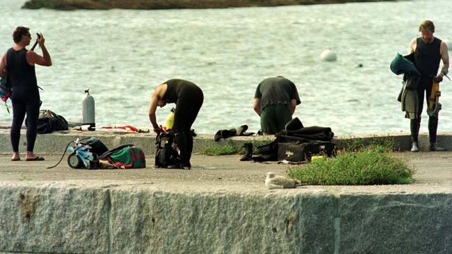 Divers at Newport, Rhode Island after completing a first day's dive in 1999 in search of the possible wreck site of the Endeavour. Picture: Stuart Ramson