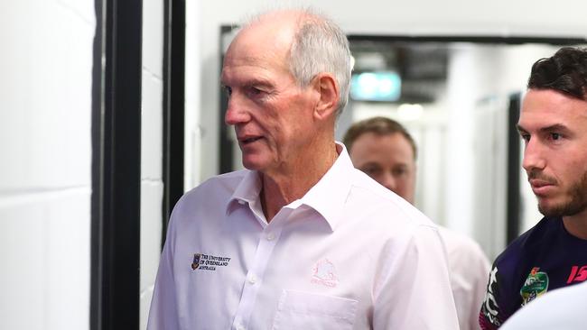 BRISBANE, AUSTRALIA — AUGUST 16: Broncos coach Wayne Bennett and Darius Boyd arrive for the press conference after the round 23 NRL match between the Brisbane Broncos and the South Sydney Rabbitohs at Suncorp Stadium on August 16, 2018 in Brisbane, Australia. (Photo by Chris Hyde/Getty Images)