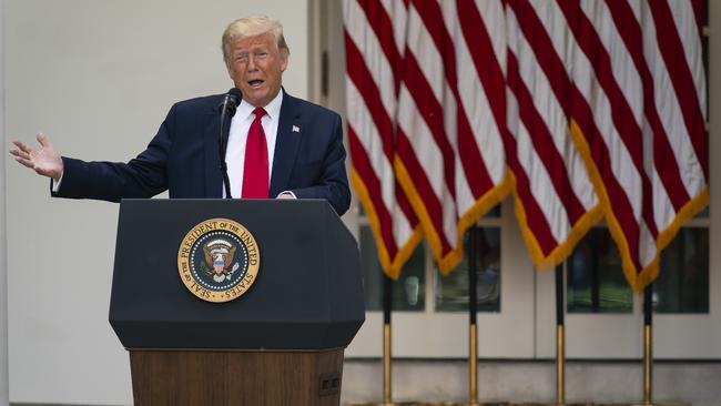 President Donald Trump speaks in the White House rose garden on Tuesday. Picture: AP