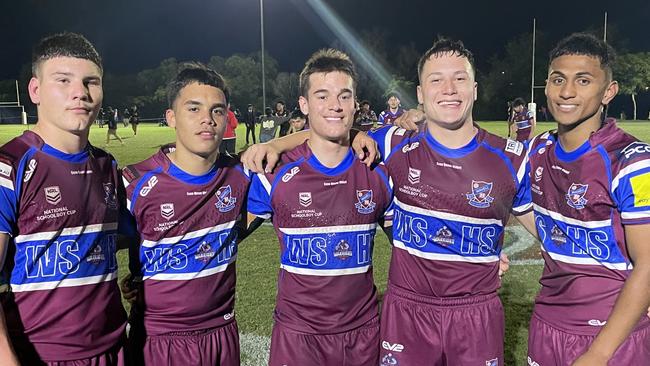 Wavell high players Charlie Dickson, Timahna Tandy, Mason Phillips, Maddox Goodwin and Sangster Figota after their Round 2 clash with Marsden State High. Picture: Andrew Dawson