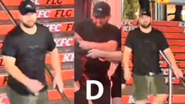 The fourth man (Person D) is described as being of Caucasian appearance and of large build. He is depicted wearing a black T-shirt, green shorts, white shoes, black hat with a The North Face-brand logo, and was carrying a bumbag with white writing on the front. Picture: NSW Police