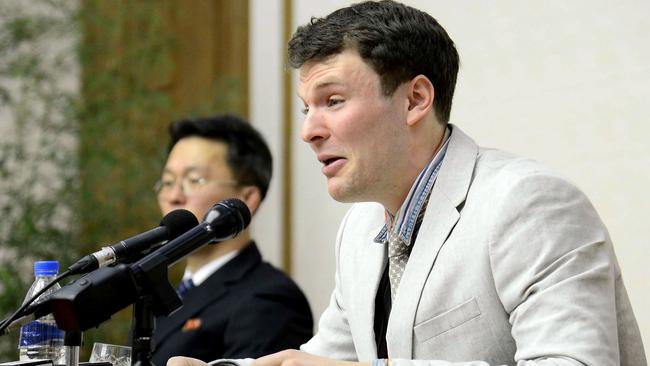 US student Otto Frederick Warmbier, who was arrested for committing hostile acts against North Korea, speaking at a press conference in Pyongyang. 