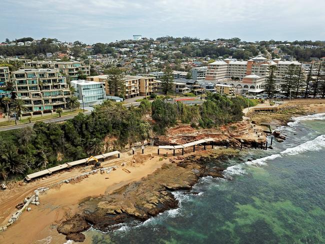 Aerial photograph showing progress to the boardwalk construction and ocean pool refurbishment at the southern end of Terrigal Beach. Picture: News Local/Troy Snook