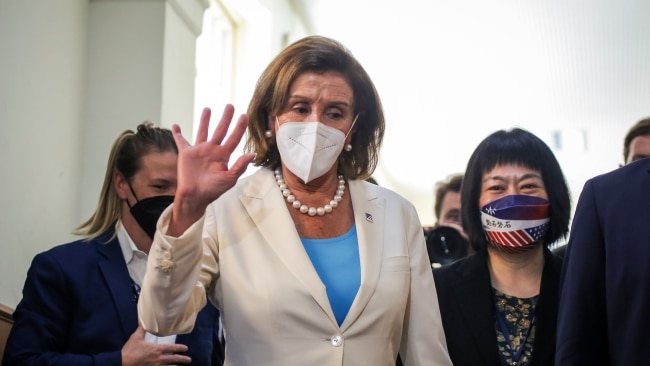 Nancy Pelosi leaves the Legislative Yuan, Taiwan's house of parliament, on Tuesday. Pelosi arrived in Taiwan on Tuesday as part of a tour of Asia aimed at reassuring allies in the region. Picture: Annabelle Chih/Getty Images