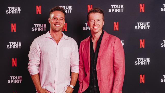 Lincoln Lewis and Todd Lasance at the True Spirit Netflix global premiere at Brisbane Powerhouse. Picture: Adam Shaw