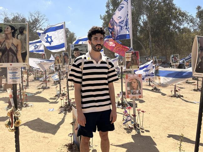 Shalev Biton, a survivor of the Hamas massacre at the Nova Music Festival, nearly a year after the attack / Memorials at the site fo the Nova Music Festival,