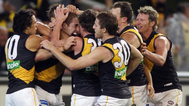 Richmond’s Daniel Jackson celebrates after kicking a goal against St Kilda.