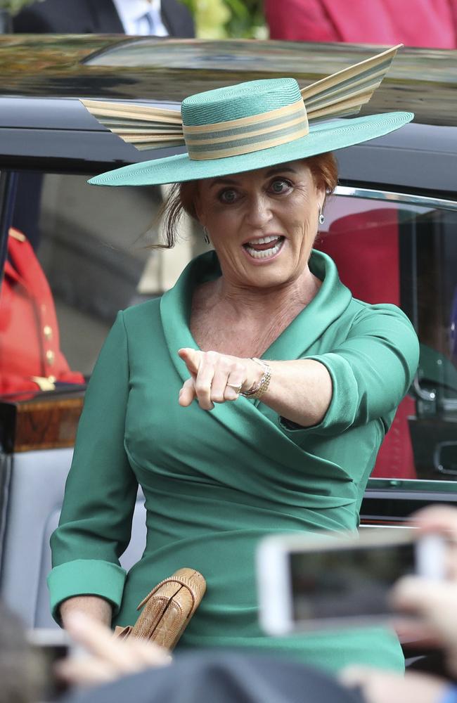 Sarah Ferguson arrives for the wedding of Princess Eugenie of York and Jack Brooksbank at St Georgeâ€™s Chapel, Windsor Castle, near London, England, Friday Oct. 12, 2018. (Steve Parsons/Pool via AP)