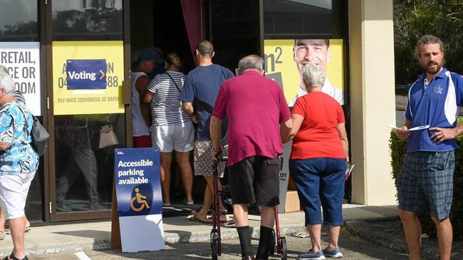 Ques form at a pre-poll voting centre on the corner of Kirkwood Road and Minjungbal Drive, Tweed Heads South. Picture: Scott Davis