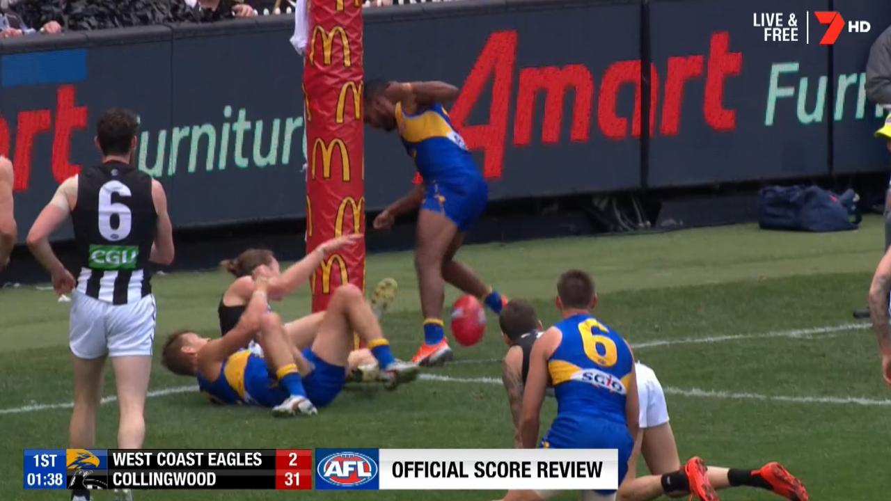 West Coast Eagles forward Willie Rioli kicks a goal.