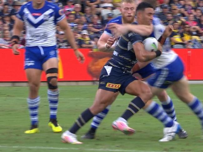 Canterbury Bulldogs player Jack Hetherington was sent off against the Cowboys for this high shot on Valentine Holmes. Picture: Supplied.