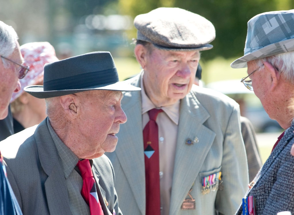 ( from left ) Bert Miles, Kevin Olsen and Allan Beahan. 70th anniversary of the Battle of Milne Bay. Photo Nev Madsen / The Chronicle. Picture: Nev Madsen