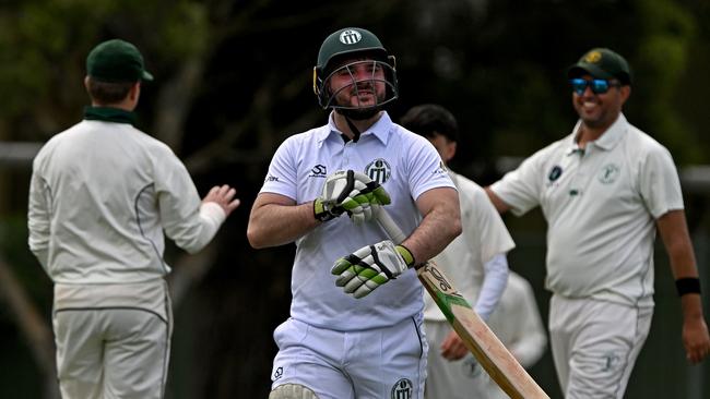 Craigieburn’s Samuel Karamoshou after being dismissed. Picture: Andy Brownbill