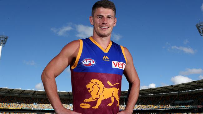 Dayne Zorko wears the fresh Lions guernsey, supplied by new sponsor Majestic Athletic. Picture: Sarah Marshall
