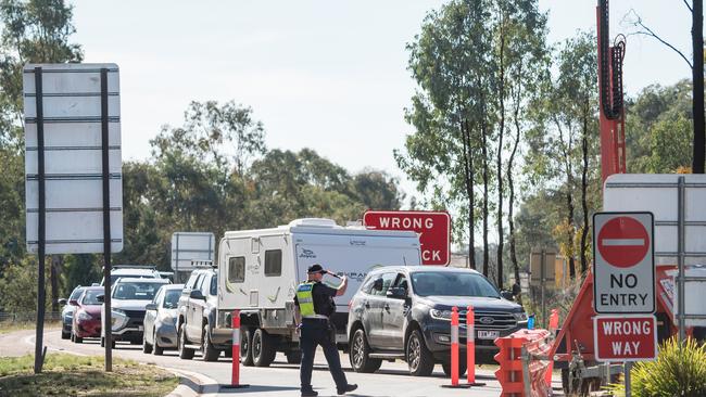 Victoria Police stopping vehicles at the Chiltern Park rest area. Picture: Simon Dallinger