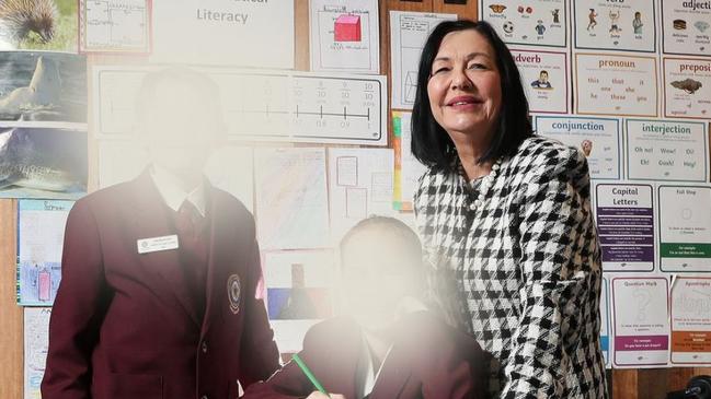 Ms Ruback with students (faces blurred) at the college in 2019, when it was deemed by the Federal Government to be the fastest growing school in Tasmania in the five years from 2013 to 2018. Picture: Nikki Davis-Jones