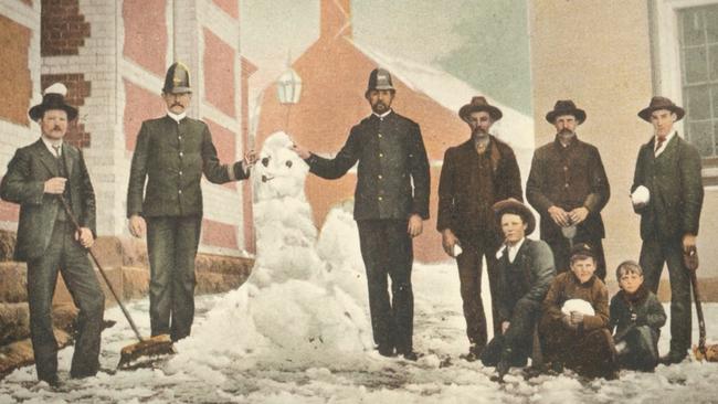 Police arresting a snowman in Ballarat in the early 1900s. Picture: State Library of Victoria