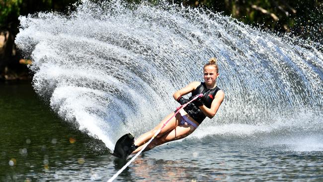 Brisbane's Kristy Appleton 13, during a practice run at the Townsville Water Ski Club ahead of the CrocRun. Picture: Alix Sweeney