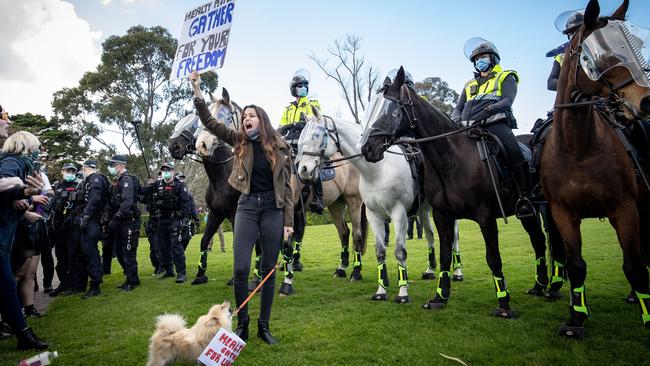 Anti-lockdown protesters at the Shrine of Remembrance. Picture: Getty Images