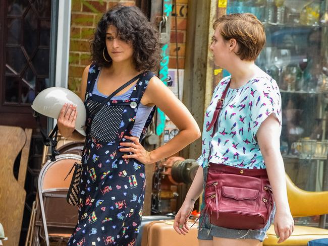 Lena Dunham and Jenny Slate on set for the final season of Girls. Picture: Splash News