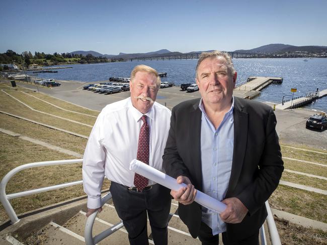 $2.3 billion precinct-scale urban renewal project, including roofed AFL stadium, for Hobart. Stakeholder relations Paul Lennon and Managing Director of Stadia Precinct Consortia Dean Coleman at Macquarie Point. Picture: Chris Kidd