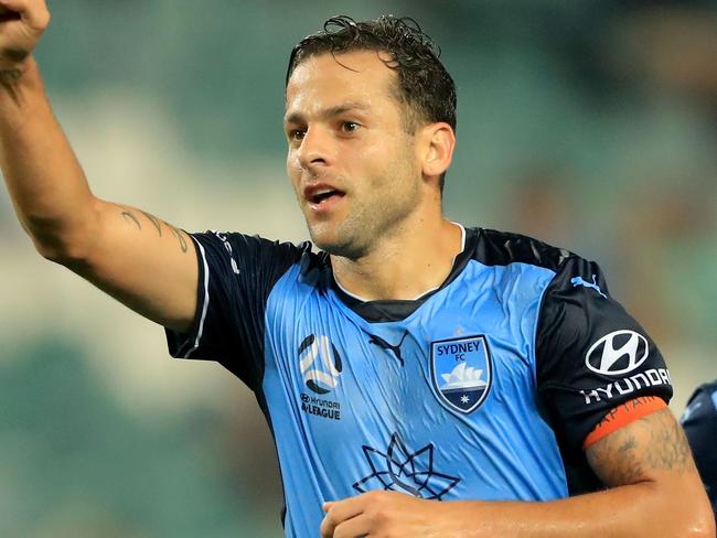 Brazilian striker Bruno celebrates scoring for Sydney FC in 2018. Picture: Getty Images