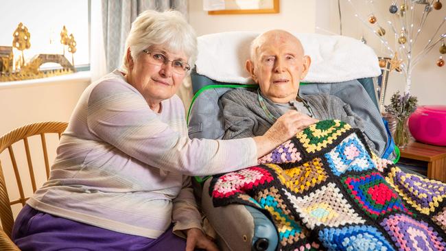 Anne McMenamin with her father John, 95, who lives in The Lodge, an Eldercare facility in Wayville, SA. Picture: James Elsby