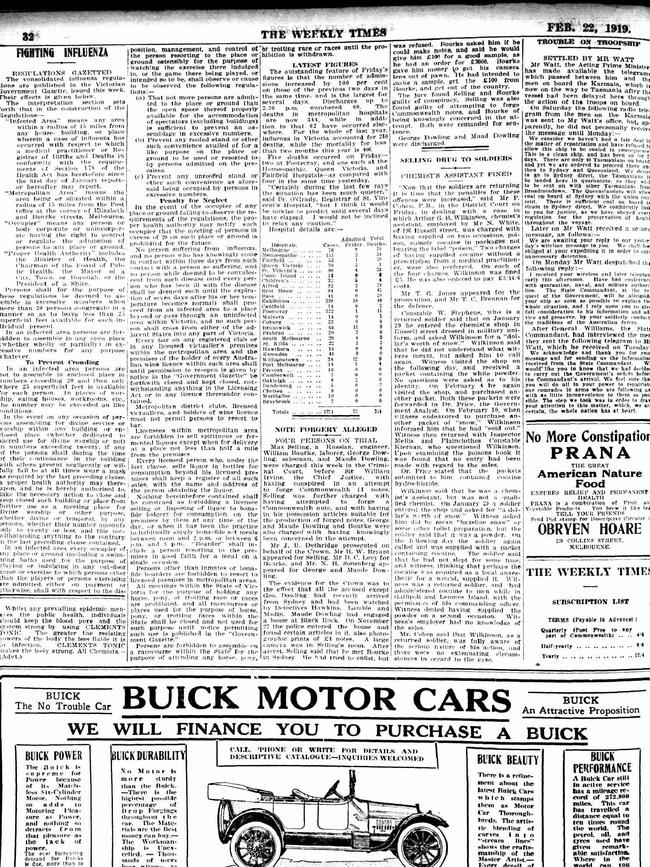 Fighting influenza. Page from <i>The Weekly Times</i>, February 22 1919. Retrieved from Trove