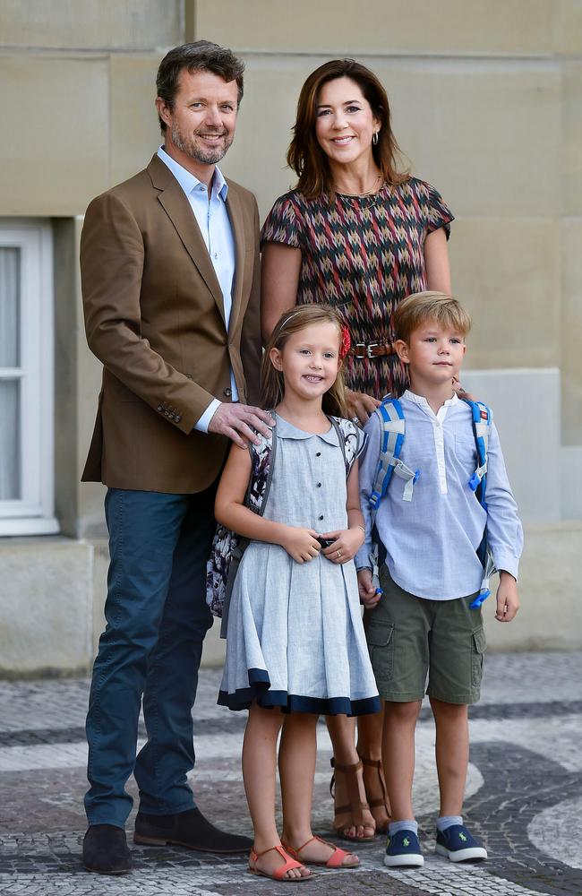 Twins Prince Vincent and Princess Josephine in front of Amalienborg Castle on their first day of school. Picture: Liselotte Sabroe/AFP