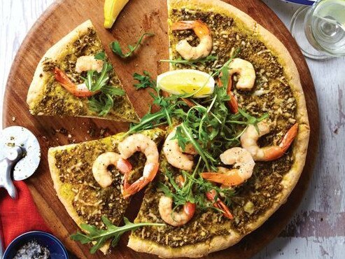 Parsley pesto and prawn pizza.