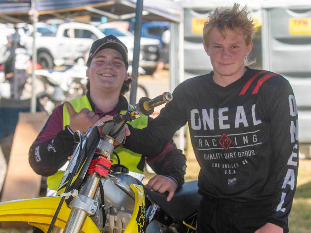 Adrian Dahms and Riley Barnes at Motorcycle Beach Races at Grasstree Beach Sunday 27 August 2023 Picture: Michaela Harlow