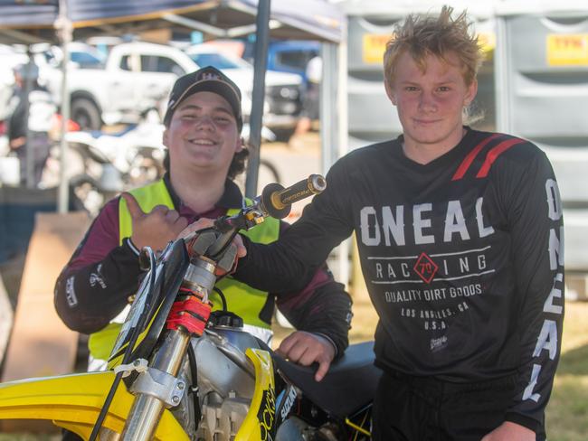 Adrian Dahms and Riley Barnes at Motorcycle Beach Races at Grasstree Beach Sunday 27 August 2023 Picture: Michaela Harlow
