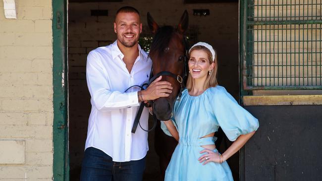 Buddy Franklin and Kate Waterhouse with Gai Waterhouse-trained Shout The Bar, who is vying for a place in the All-Star Mile 2021 field. Picture: Justin Lloyd