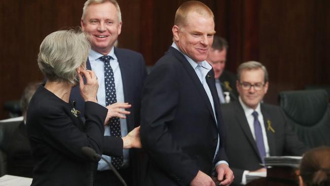 New Greens member being welcomed by Greens leader Rosalie Woodruff and Premier Jeremy Rockliff.  Question time in the Tasmanian parliament after the Winter break.  Picture: Nikki Davis-Jones