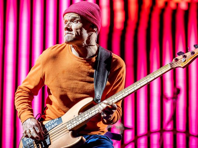 The Red Hot Chilli Peppers perform at Marvel Stadium, Melbourne. Flea performing on stage. Picture: Jake Nowakowski