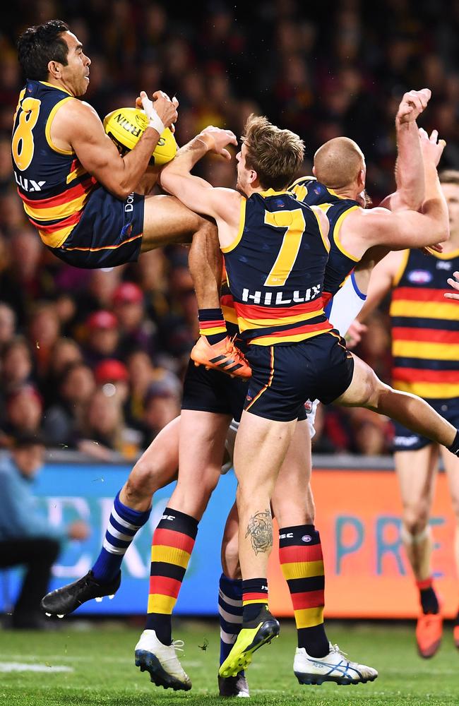 Eddie Betts takes a screamer in the dying seconds of game to seal victory for the Crows against North Melbourne. Picture: Mark Brake/Getty Images